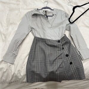 Gray Plaid Skirt with Striped Top